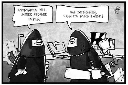 Cartoon: Anonymous vs. ISIS (medium) by Kostas Koufogiorgos tagged karikatur,koufogiorgos,illustration,cartoon,anonymus,is,isis,hacker,terrorismus,terrorist,rechner,computer,beil,zerstörung,krieg,konflikt,karikatur,koufogiorgos,illustration,cartoon,anonymus,is,isis,hacker,terrorismus,terrorist,rechner,computer,beil,zerstörung,krieg,konflikt