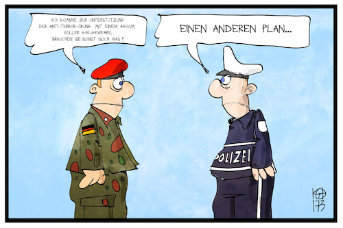 Cartoon: Anti-Terror-Übung (medium) by Kostas Koufogiorgos tagged karikatur,koufogiorgos,illustration,cartoon,bundeswehr,polizei,terrorismus,übung,prävention,sicherheit,soldat,polizist,rüstungsmängel,karikatur,koufogiorgos,illustration,cartoon,bundeswehr,polizei,terrorismus,übung,prävention,sicherheit,soldat,polizist,rüstungsmängel