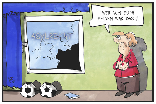 Cartoon: Asylrecht (medium) by Kostas Koufogiorgos tagged karikatur,koufogiorgos,illustration,cartoon,asylrecht,cdu,csu,merkel,fussball,scheibe,zerstörung,angriff,kritik,scherben,flüchtlingskrise,politik,karikatur,koufogiorgos,illustration,cartoon,asylrecht,cdu,csu,merkel,fussball,scheibe,zerstörung,angriff,kritik,scherben,flüchtlingskrise,politik