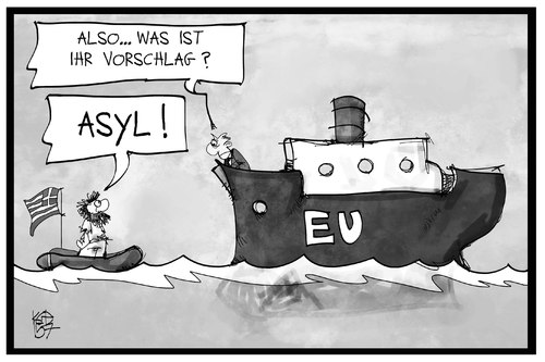 Cartoon: Athens Vorschlag (medium) by Kostas Koufogiorgos tagged karikatur,koufogiorgos,illustration,cartoon,griechenland,eu,europa,eurozone,asyl,schiff,schiffbrüchig,diplomatie,schuldenstreit,karikatur,koufogiorgos,illustration,cartoon,griechenland,eu,europa,eurozone,asyl,schiff,schiffbrüchig,diplomatie,schuldenstreit