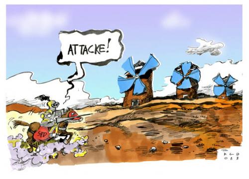 Cartoon: Attacke! (medium) by Kostas Koufogiorgos tagged spd,beck,ypsilanti,hessen,wahl,linke,kostas,koufogiorgos,,spd,kurt,generation,beck,hessen,wahl,linke,don,quijote,quixote,quichote,quichotte,windmühle,windmühlen,riesen,angriff,attacke,einbildung,links,linkspartei,linksruck,kommunist,kommunisten,oskar lafontaine,oskar,lafontaine