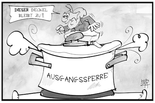 Cartoon: Ausgangssperre (medium) by Kostas Koufogiorgos tagged karikatur,koufogiorgos,illustration,cartoon,merkel,ausgangssperre,deckel,topf,corona,massnahmen,notbremse,karikatur,koufogiorgos,illustration,cartoon,merkel,ausgangssperre,deckel,topf,corona,massnahmen,notbremse