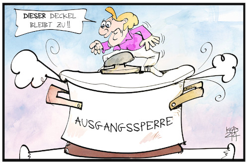 Cartoon: Ausgangssperre (medium) by Kostas Koufogiorgos tagged karikatur,koufogiorgos,illustration,cartoon,merkel,ausgangssperre,deckel,topf,corona,massnahmen,notbremse,karikatur,koufogiorgos,illustration,cartoon,merkel,ausgangssperre,deckel,topf,corona,massnahmen,notbremse