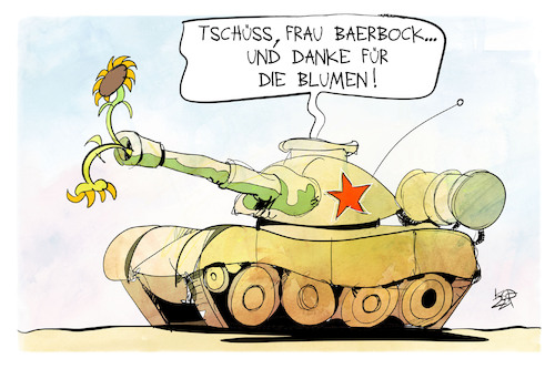 Cartoon: Baerbock in Russland (medium) by Kostas Koufogiorgos tagged karikatur,koufogiorgos,illustration,cartoon,baerbock,russland,panzer,blume,staatsbesuch,außenministerin,karikatur,koufogiorgos,illustration,cartoon,baerbock,russland,panzer,blume,staatsbesuch,außenministerin