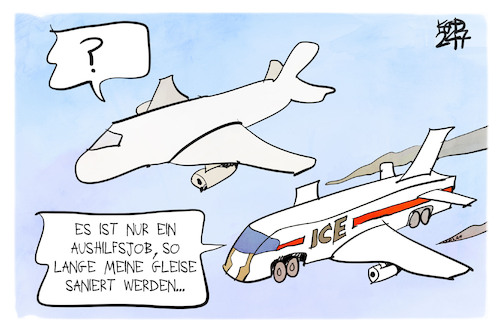 Cartoon: Bahnsanierung (medium) by Kostas Koufogiorgos tagged karikatur,koufogiorgos,bahn,strecke,gleise,flugzeug,zug,aushilfsjob,fliegen,reise,karikatur,koufogiorgos,bahn,strecke,gleise,flugzeug,zug,aushilfsjob,fliegen,reise