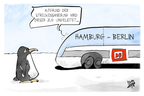 Cartoon: Bahnsanierung (medium) by Kostas Koufogiorgos tagged karikatur,koufogiorgos,bahn,umleitung,pinguin,südpol,berlin,hamburg,karikatur,koufogiorgos,bahn,umleitung,pinguin,südpol,berlin,hamburg