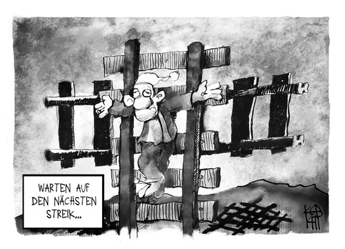 Cartoon: Bahnstreik (medium) by Kostas Koufogiorgos tagged karikatur,koufogiorgos,illustration,cartoon,streik,gdl,michel,kreuzigung,reisender,fahrgast,arbeitskampf,politik,karikatur,koufogiorgos,illustration,cartoon,streik,gdl,michel,kreuzigung,reisender,fahrgast,arbeitskampf,politik