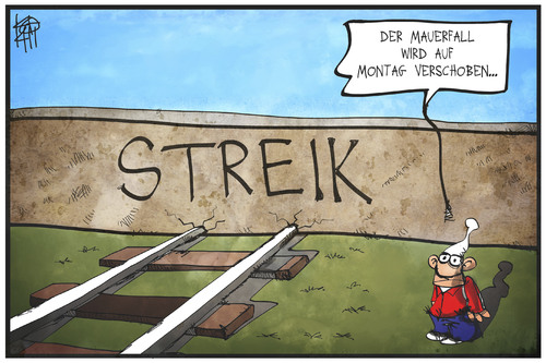 Cartoon: Bahnstreik (medium) by Kostas Koufogiorgos tagged karikatur,koufogiorgos,illustration,cartoon,bahn,streik,gdl,mauer,gleise,schiene,mauerfall,arbeitskampf,lokführer,karikatur,koufogiorgos,illustration,cartoon,bahn,streik,gdl,mauer,gleise,schiene,mauerfall,arbeitskampf,lokführer