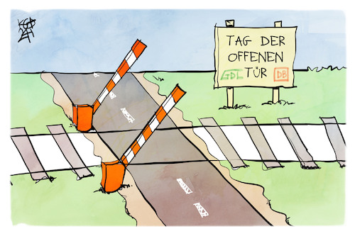 Cartoon: Bahnstreik (medium) by Kostas Koufogiorgos tagged karikatur,koufogiorgos,gdl,lokführer,bahn,schranke,gleis,tür,offen,bahnstreik,karikatur,koufogiorgos,gdl,lokführer,bahn,schranke,gleis,tür,offen,bahnstreik