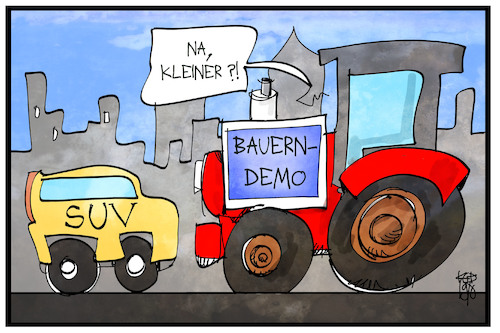 Cartoon: Bauernprotest (medium) by Kostas Koufogiorgos tagged karikatur,koufogiorgos,illustration,cartoon,bauern,protest,traktor,suv,blockade,demonstration,trecker,bauer,landwirt,karikatur,koufogiorgos,illustration,cartoon,bauern,protest,traktor,suv,blockade,demonstration,trecker,bauer,landwirt