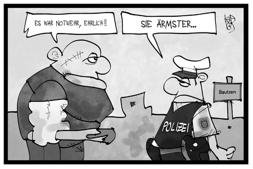 Cartoon: Bautzen (medium) by Kostas Koufogiorgos tagged karikatur,koufogiorgos,illustration,cartoon,rechtsextremismus,neonazi,bautzen,polizist,polizei,notwehr,gewalt,fremdenfeindlichkeit,karikatur,koufogiorgos,illustration,cartoon,rechtsextremismus,neonazi,bautzen,polizist,polizei,notwehr,gewalt,fremdenfeindlichkeit