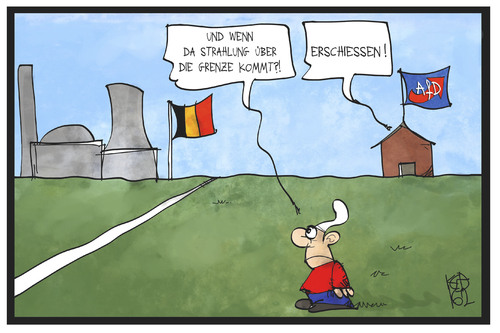 Cartoon: Belgische AKW (medium) by Kostas Koufogiorgos tagged karikatur,koufogiorgos,illustration,cartoon,belgien,panne,akw,atomkraft,werk,grenze,michel,deutschland,afd,schiessen,strahlung,radioaktvität,karikatur,koufogiorgos,illustration,cartoon,belgien,panne,akw,atomkraft,werk,grenze,michel,deutschland,afd,schiessen,strahlung,radioaktvität