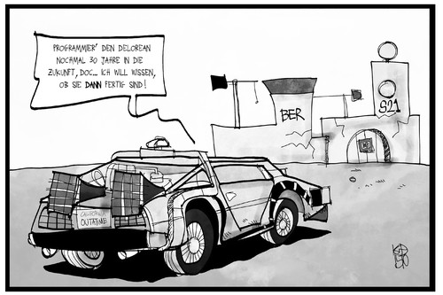 Cartoon: BER und S21 (medium) by Kostas Koufogiorgos tagged karikatur,koufogiorgos,illustration,cartoon,ber,s21,stuttgart,bahnhof,flughafen,grossprojekt,delorean,mcfly,zukunft,zeitmaschine,vision,berlin,baustelle,infrastruktur,bahn,karikatur,koufogiorgos,illustration,cartoon,ber,s21,stuttgart,bahnhof,flughafen,grossprojekt,delorean,mcfly,zukunft,zeitmaschine,vision,berlin,baustelle,infrastruktur,bahn