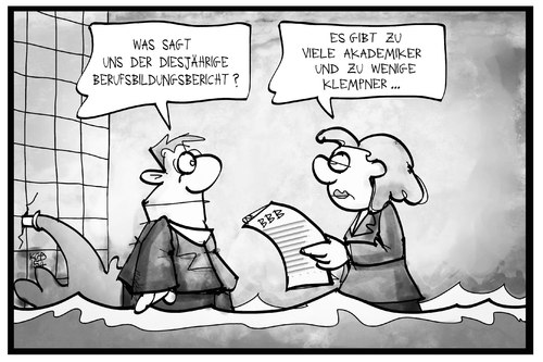 Cartoon: Berufsbildungsbericht (medium) by Kostas Koufogiorgos tagged karikatur,koufogiorgos,illustration,cartoon,bildung,bundesbildungsbericht,auszubildende,studierende,akademiker,handwerker,klemptner,überschwemmung,wasserschaden,missverhältnis,ungleichgewicht,ausbildung,beruf,karikatur,koufogiorgos,illustration,cartoon,bildung,bundesbildungsbericht,auszubildende,studierende,akademiker,handwerker,klemptner,überschwemmung,wasserschaden,missverhältnis,ungleichgewicht,ausbildung,beruf