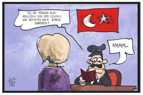 Cartoon: Besuchsverbot-Streit Incirlik (medium) by Kostas Koufogiorgos tagged karikatur,koufogiorgos,illustration,cartoon,tuerkei,besuch,streit,incirlik,zöllner,grenze,von,de,rleyen,verteidigungsministerin,truppenbesuch,nato,stützpunkt,bundeswehr,einreise,trick,diplomatie,karikatur,koufogiorgos,illustration,cartoon,tuerkei,besuch,streit,incirlik,zöllner,grenze,von,de,rleyen,verteidigungsministerin,truppenbesuch,nato,stützpunkt,bundeswehr,einreise,trick,diplomatie