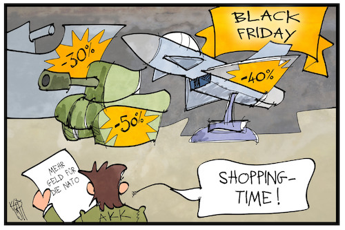 Cartoon: Black Friday Nato-Shopping (medium) by Kostas Koufogiorgos tagged karikatur,koufogiorgos,illustration,cartoon,akk,shopping,rüstung,bundeswehr,nato,black,friday,konsum,geld,militär,bündnis,karikatur,koufogiorgos,illustration,cartoon,akk,shopping,rüstung,bundeswehr,nato,black,friday,konsum,geld,militär,bündnis