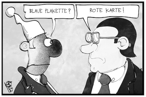 Cartoon: Blaue Plakette (medium) by Kostas Koufogiorgos tagged karikatur,koufogiorgos,illustration,cartoon,blau,plakette,rot,karte,scheuer,michel,verkehrsminister,politik,umwelt,abgas,nox,luftreinhaltung,karikatur,koufogiorgos,illustration,cartoon,blau,plakette,rot,karte,scheuer,michel,verkehrsminister,politik,umwelt,abgas,nox,luftreinhaltung