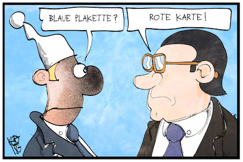 Cartoon: Blaue Plakette (medium) by Kostas Koufogiorgos tagged karikatur,koufogiorgos,illustration,cartoon,blau,plakette,rot,karte,scheuer,michel,verkehrsminister,politik,umwelt,abgas,nox,luftreinhaltung,karikatur,koufogiorgos,illustration,cartoon,blau,plakette,rot,karte,scheuer,michel,verkehrsminister,politik,umwelt,abgas,nox,luftreinhaltung