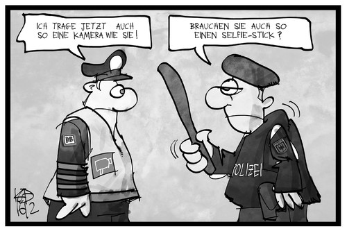 Cartoon: Bodycams (medium) by Kostas Koufogiorgos tagged karikatur,koufogiorgos,illustration,cartoon,bodycam,bahn,sicherheit,polizei,schlagstock,kamera,personal,karikatur,koufogiorgos,illustration,cartoon,bodycam,bahn,sicherheit,polizei,schlagstock,kamera,personal