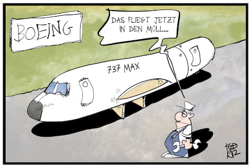 Cartoon: Boeing 737max (medium) by Kostas Koufogiorgos tagged karikatur,koufogiorgos,illustration,cartoon,boeing,flugzeug,muell,produktionsstopp,wirtschaft,karikatur,koufogiorgos,illustration,cartoon,boeing,flugzeug,muell,produktionsstopp,wirtschaft