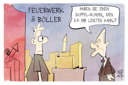 Cartoon: Böllerverkauf (medium) by Kostas Koufogiorgos tagged karikatur,koufogiorgos,böller,verlauf,scholz,doppelwumms,karikatur,koufogiorgos,böller,verlauf,scholz,doppelwumms