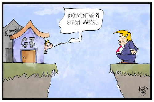 Cartoon: Brückentag (medium) by Kostas Koufogiorgos tagged karikatur,koufogiorgos,cartoon,illustration,trump,brückentag,g7,nato,taormina,verbindung,usa,karikatur,koufogiorgos,cartoon,illustration,trump,brückentag,g7,nato,taormina,verbindung,usa