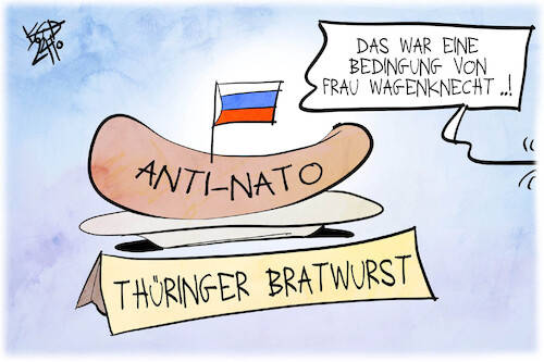 Cartoon: BSW (medium) by Kostas Koufogiorgos tagged karikatur,koufogiorgos,bsw,extrawurst,thüringen,nato,frieden,koalition,wagenknecht,karikatur,koufogiorgos,bsw,extrawurst,thüringen,nato,frieden,koalition,wagenknecht