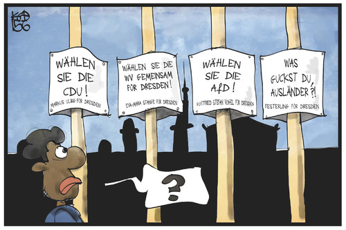 Cartoon: Bürgermeisterwahl Dresden (medium) by Kostas Koufogiorgos tagged karikatur,koufogiorgos,illustration,cartoon,pegida,dresden,ausländer,wahlkampf,wahl,ausländerfeindlichkeit,festerling,migrant,partei,politik,karikatur,koufogiorgos,illustration,cartoon,pegida,dresden,ausländer,wahlkampf,wahl,ausländerfeindlichkeit,festerling,migrant,partei,politik