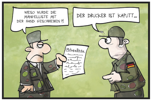 Cartoon: Bundeswehr-Bericht (medium) by Kostas Koufogiorgos tagged karikatur,koufogiorgs,illustration,cartoon,bundeswehr,bericht,mängel,soldat,armee,militär,ausrüstung,karikatur,koufogiorgs,illustration,cartoon,bundeswehr,bericht,mängel,soldat,armee,militär,ausrüstung