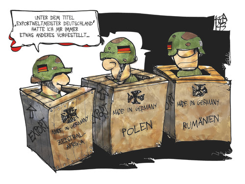 Cartoon: Bundeswehr-Exporte (medium) by Kostas Koufogiorgos tagged karikatur,koufogiorgos,cartoon,illustration,bundeswehr,nato,auslandseinsatz,exportweltmeister,deutschland,transportkiste,armee,militär,polen,rumänien,zentralafrika,politik,aussenpolitik,karikatur,koufogiorgos,cartoon,illustration,bundeswehr,nato,auslandseinsatz,exportweltmeister,deutschland,transportkiste,armee,militär,polen,rumänien,zentralafrika,politik,aussenpolitik