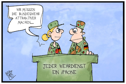 Cartoon: Bundeswehr (medium) by Kostas Koufogiorgos tagged karikatur,koufogiorgos,illustration,cartoon,bundeswehr,wehrdienst,statussymbol,iphone,handy,smartphone,soldat,militär,beruf,arbeit,karikatur,koufogiorgos,illustration,cartoon,bundeswehr,wehrdienst,statussymbol,iphone,handy,smartphone,soldat,militär,beruf,arbeit