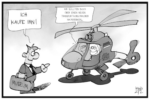 Cartoon: Bundeswehr (medium) by Kostas Koufogiorgos tagged karikatur,koufogiorgos,illustration,cartoon,transporthubschrauber,bundeswehr,soldat,museum,technik,rüstung,mangel,antik,alt,veraltet,karikatur,koufogiorgos,illustration,cartoon,transporthubschrauber,bundeswehr,soldat,museum,technik,rüstung,mangel,antik,alt,veraltet