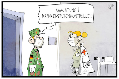 Cartoon: Bundeswehr hilft aus (medium) by Kostas Koufogiorgos tagged karikatur,koufogiorgos,illustration,cartoon,bundeswehr,soldat,stubenkontrolle,militär,krankenhaus,pflegeheim,krankenschwester,pflege,covid,corona,pandemie,karikatur,koufogiorgos,illustration,cartoon,bundeswehr,soldat,stubenkontrolle,militär,krankenhaus,pflegeheim,krankenschwester,pflege,covid,corona,pandemie