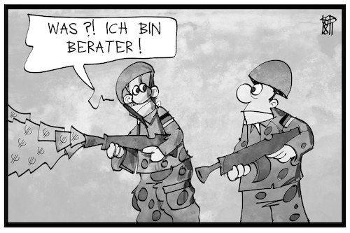 Cartoon: Bundeswehrberater (medium) by Kostas Koufogiorgos tagged karikatur,koufogiorgos,illustration,cartoon,berater,bundeswehr,geld,verpulvern,gewehr,schiessen,soldat,militär,karikatur,koufogiorgos,illustration,cartoon,berater,bundeswehr,geld,verpulvern,gewehr,schiessen,soldat,militär