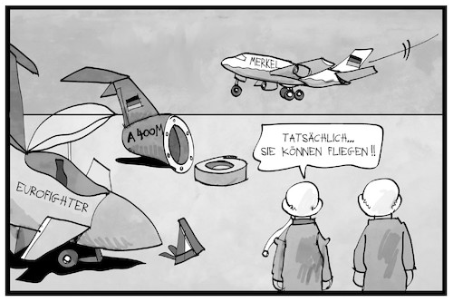 Cartoon: Bundeswehrtagung (medium) by Kostas Koufogiorgos tagged karikatur,koufogiorgos,illustration,cartoon,bundeswehr,merkel,flugzeug,eurofighter,a400m,airbus,rüstungsmängel,rüstungsgüter,soldat,militär,karikatur,koufogiorgos,illustration,cartoon,bundeswehr,merkel,flugzeug,eurofighter,a400m,airbus,rüstungsmängel,rüstungsgüter,soldat,militär