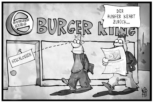 Cartoon: Burger King ernährt (medium) by Kostas Koufogiorgos tagged karikatur,koufogiorgos,illustration,cartoon,welternährungskonferenz,hunger,burger,king,schliessung,filiale,restaurant,essen,nahrung,lebensmittel,karikatur,koufogiorgos,illustration,cartoon,welternährungskonferenz,hunger,burger,king,schliessung,filiale,restaurant,essen,nahrung,lebensmittel