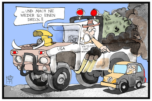 Cartoon: Bußgeld für VW (medium) by Kostas Koufogiorgos tagged karikatur,koufogiorgos,illustration,cartoon,usa,justiz,pick,up,truck,geländewagen,vw,volkswagen,amerikaner,dieselgate,abgasskandal,auto,umwelt,luft,verschmutzung,wirtschaft,autobauer,karikatur,koufogiorgos,illustration,cartoon,usa,justiz,pick,up,truck,geländewagen,vw,volkswagen,amerikaner,dieselgate,abgasskandal,auto,umwelt,luft,verschmutzung,wirtschaft,autobauer