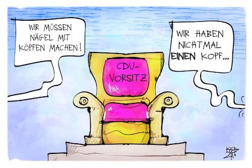 Cartoon: CDU-Spitze (medium) by Kostas Koufogiorgos tagged karikatur,koufogiorgos,illustration,cartoon,cdu,vorsitz,vorstand,nagel,kopf,partei,personal,politik,karikatur,koufogiorgos,illustration,cartoon,cdu,vorsitz,vorstand,nagel,kopf,partei,personal,politik