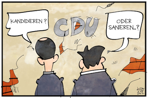 Cartoon: CDU-Vorsitz (medium) by Kostas Koufogiorgos tagged karikatur,koufogiorgos,illustration,cartoon,cdu,vorsitz,merz,laschet,christdemokraten,partei,kandidat,sanieren,kandidieren,karikatur,koufogiorgos,illustration,cartoon,cdu,vorsitz,merz,laschet,christdemokraten,partei,kandidat,sanieren,kandidieren