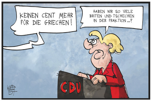 Cartoon: CDU und Griechenland (medium) by Kostas Koufogiorgos tagged karikatur,koufogiorgos,illustration,cartoon,cdu,merkel,fraktion,partei,griechenland,hilfe,unterstützung,briten,tschechen,schuldenkrise,geld,europa,karikatur,koufogiorgos,illustration,cartoon,cdu,merkel,fraktion,partei,griechenland,hilfe,unterstützung,briten,tschechen,schuldenkrise,geld,europa