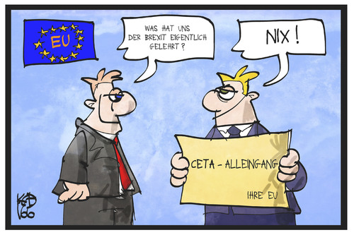 Cartoon: CETA (medium) by Kostas Koufogiorgos tagged karikatur,koufogiorgos,illustration,cartoon,ceta,eu,europa,brexit,alleingang,freihandelsabkommen,kanada,karikatur,koufogiorgos,illustration,cartoon,ceta,eu,europa,brexit,alleingang,freihandelsabkommen,kanada