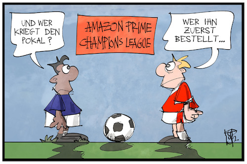 Cartoon: Champions League-Rechte (medium) by Kostas Koufogiorgos tagged karikatur,koufogiorgos,illustration,cartoon,champions,league,fussball,prime,amazon,pokal,bestellen,kaufen,lieferung,sport,fernsehen,streamen,übertragung,rechte,karikatur,koufogiorgos,illustration,cartoon,champions,league,fussball,prime,amazon,pokal,bestellen,kaufen,lieferung,sport,fernsehen,streamen,übertragung,rechte