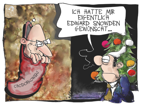 Cartoon: Chodorkowski und Snowden (medium) by Kostas Koufogiorgos tagged chodorkowski,snowden,weihnachten,michel,asyl,russland,deutschland,karikatur,koufogiorgos,chodorkowski,snowden,weihnachten,michel,asyl,russland,deutschland,karikatur,koufogiorgos