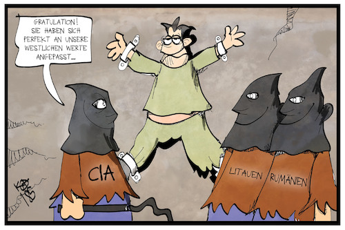 Cartoon: CIA-Folter (medium) by Kostas Koufogiorgos tagged karikatur,koufogiorgos,illustration,cartoon,cia,folter,litauen,rumänien,verurteilung,integration,karikatur,koufogiorgos,illustration,cartoon,cia,folter,litauen,rumänien,verurteilung,integration