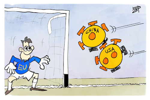 Cartoon: Corona-Abwehr (medium) by Kostas Koufogiorgos tagged karikatur,koufogiorgos,china,usa,fußball,tor,mutation,omikron,eu,torwart,karikatur,koufogiorgos,china,usa,fußball,tor,mutation,omikron,eu,torwart