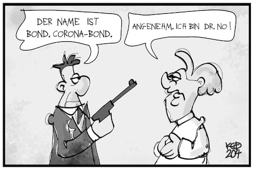 Cartoon: Corona-Bonds (medium) by Kostas Koufogiorgos tagged karikatur,koufogiorgos,illustration,cartoon,corona,bond,dr,no,filmfigur,mythos,merkel,bonds,staatsanleihen,virus,pandemie,karikatur,koufogiorgos,illustration,cartoon,corona,bond,dr,no,filmfigur,mythos,merkel,bonds,staatsanleihen,virus,pandemie