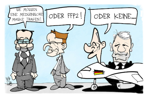 Cartoon: Corona-Schutzmaßnahmen (medium) by Kostas Koufogiorgos tagged karikatur,koufogiorgos,regierung,maskenpflicht,corona,regierungsflieger,habeck,scholz,lauterbach,buschmann,karikatur,koufogiorgos,regierung,maskenpflicht,corona,regierungsflieger,habeck,scholz,lauterbach,buschmann