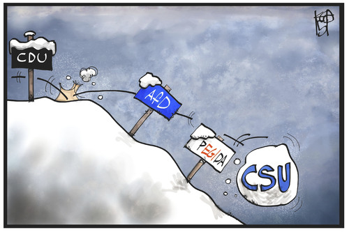 Cartoon: CSU springt nach rechts (medium) by Kostas Koufogiorgos tagged karikatur,koufogiorgos,illustration,cartoon,csu,afd,pegida,bayern,schnee,schneeball,sprung,rechts,berg,bergab,partei,politik,cdu,karikatur,koufogiorgos,illustration,cartoon,csu,afd,pegida,bayern,schnee,schneeball,sprung,rechts,berg,bergab,partei,politik,cdu