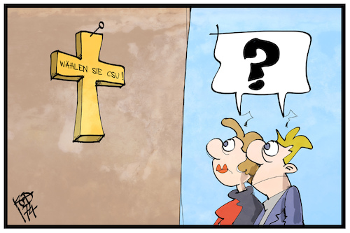 Cartoon: Das Kreuz mit den Bayern (medium) by Kostas Koufogiorgos tagged karikatur,koufogiorgos,illustration,cartoon,kreuz,bayern,csu,wahlkampf,religion,religionsfreiheit,karikatur,koufogiorgos,illustration,cartoon,kreuz,bayern,csu,wahlkampf,religion,religionsfreiheit