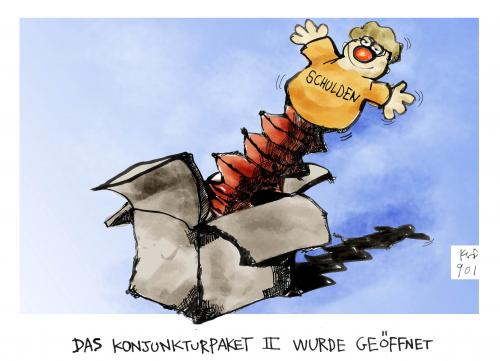 Cartoon: Das Paket wurde geöffnet (medium) by Kostas Koufogiorgos tagged konjunktur,paket,wirtschaft,finanzkrise,rettungsschirm,deutschlandfonds,steuern,steuersenkungen,csu,cdu,spd,grosse,koalition,regierung,schulden,neuverschuldung,michel,kostas,koufogiorgos,abwrackprämie,konjunktur,konjunkturpaket,wirtschaft,wirtschaftskrise,finanzkrise,geld,finazen,bundesregierung,deutschland,regierung,angela merkel,peer steinbrück,bundesadler,rettungsschirm,rettungspaket,bank,finanzen,realwirtschaft,steuern,steuer,konsum,angela,merkel,peer,steinbrück,steuersenkungen,csu,cdu,koalition,schulden,neuverschuldung,fonds,deutschlandfonds